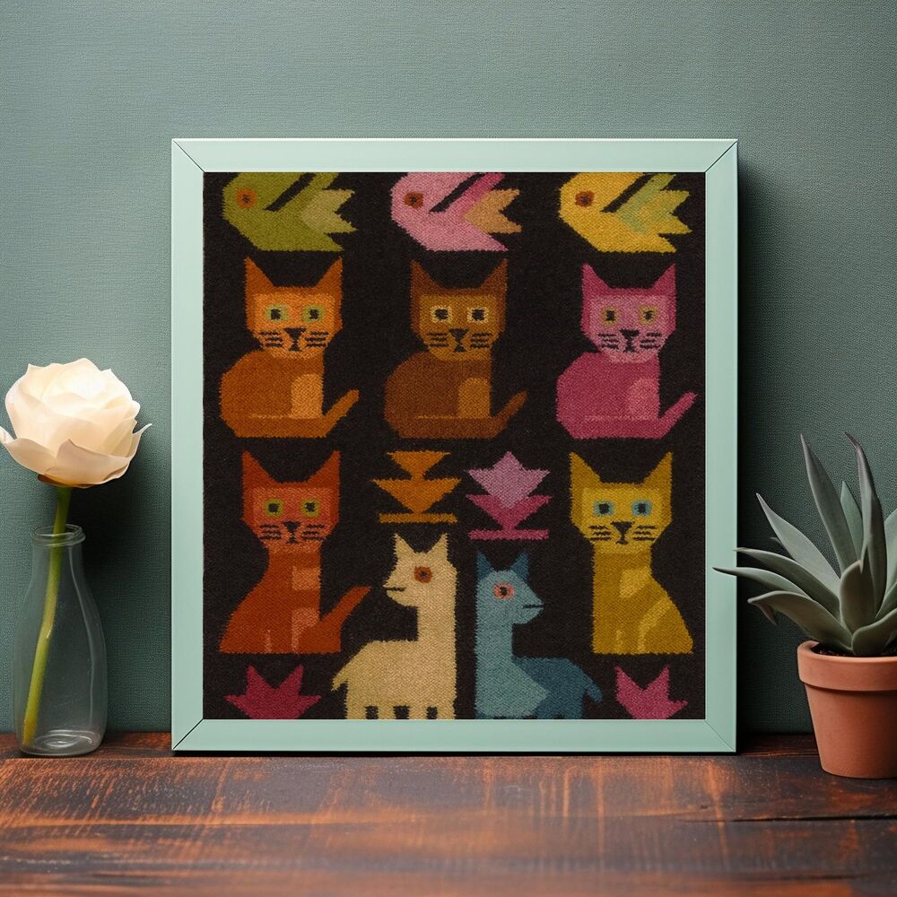 Vibrant Cat and Bird Folk Art Textile Print – Stylized Animals Wall Art (Digital